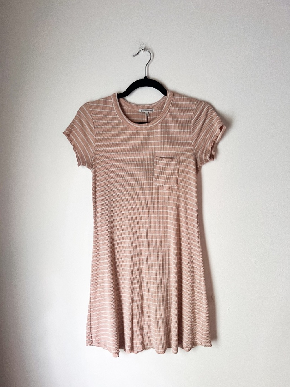 Charlotte Russe Y2K Ribbed Striped Swing Dress Pink White Pocket Short Sleeve M